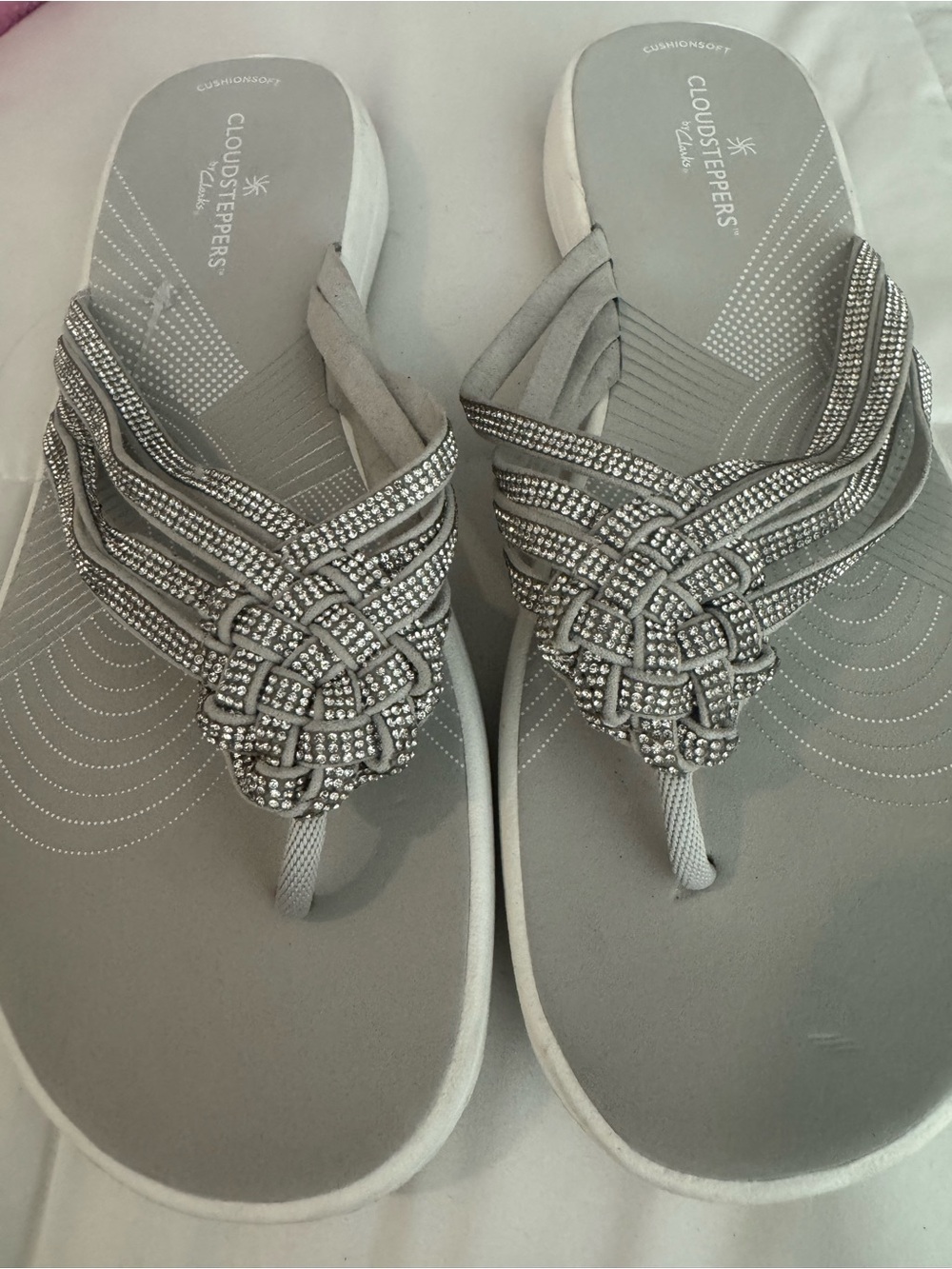 Clarks Cloudsteppers Silver Braided Crystal Thong Sandals